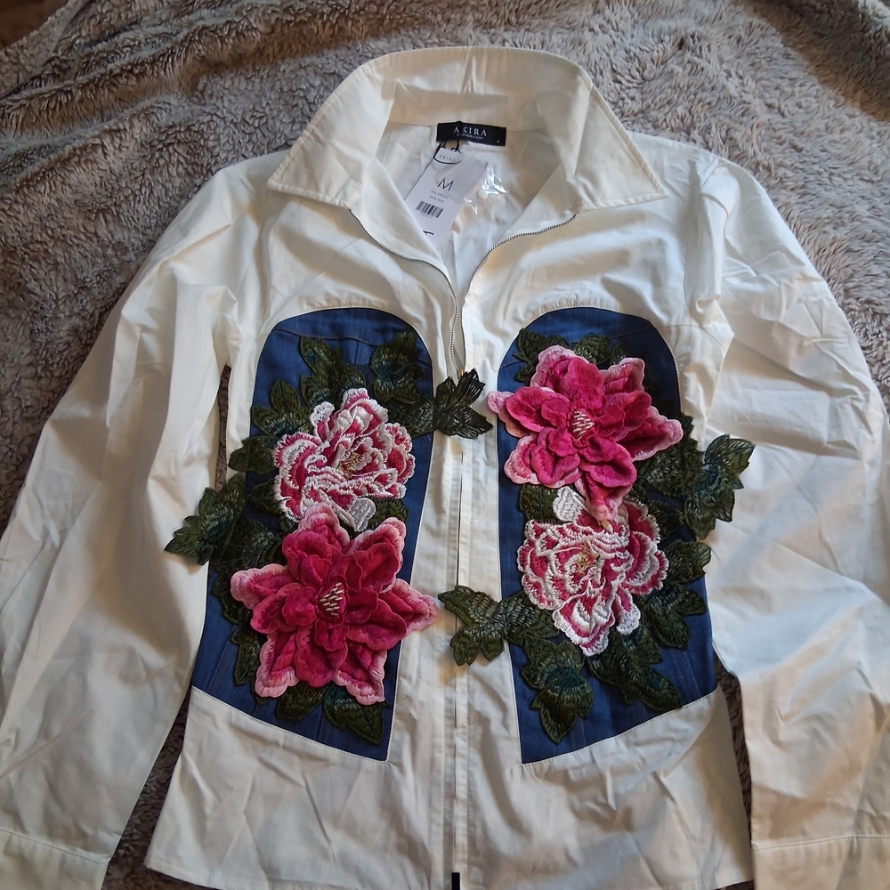 AKIRA White Blazer with Pink Floral and Green Leaf Design